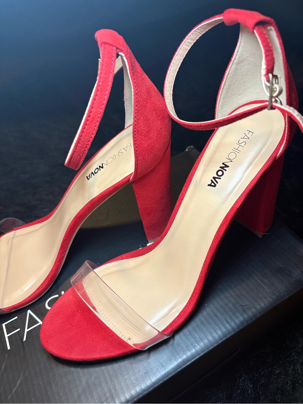 Fashion Nova Red Block Heel Sandals with Clear Strap